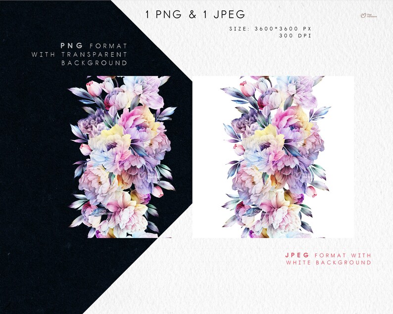 May include: A watercolor illustration of a bouquet of pink, purple, and blue flowers with green leaves. The image is available in two formats: PNG with a transparent background and JPEG with a white background. The image is 3600 pixels by 3600 pixels and 300 DPI.