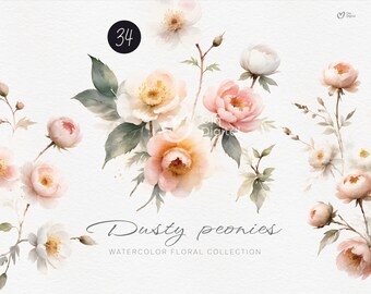 Peônias empoeiradas, clipart de flores em aquarela, molduras de borda, cartão de convite de casamento, buquês, clipart floral digital PNG, clipart digital PNG