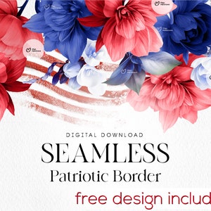 Patriotic Floral Border, Seamless border, American Flag Digital, Border-Frame Red White and Blue flowers, Digital download - PNG
