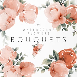 Watercolor bouquets of flowers, wedding invitation floral clipart png, digital paper, boho clipart