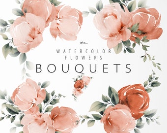 Watercolor bouquets of flowers, wedding invitation floral clipart png, digital paper, boho clipart