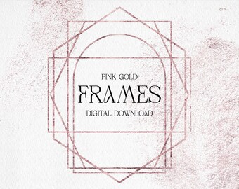 Pink Gold frames, Border-frames, Wedding invite card, Golden border, Digital floral clipart PNG, Instant download