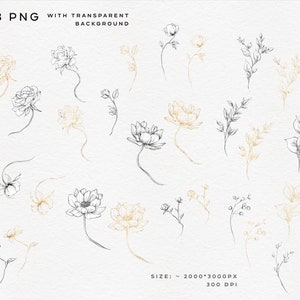 Peut inclure: Un ensemble de 28 illustrations florales dessin&eacute;es &agrave; la main en noir et or. Les illustrations pr&eacute;sentent diverses fleurs, feuilles et branches. Les illustrations sont parfaites pour ajouter une touche d'&eacute;l&eacute;gance &agrave; tout projet.