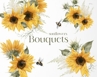 Sunflowers bouquets, Sunflowers clipart, Yellow flowers, Bumblebees, Watercolor Flower Clipart, Printable sublimation designs, Digital PNG