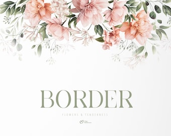 Floral border, Garden flowers ang greenery, Wedding invite card, Digital floral clipart PNG, Digital download