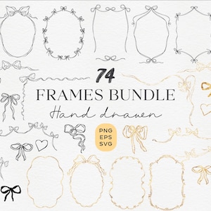 Handgezeichnete Rahmen SVG Bundle, Coquette Bow Rahmen, Digitale goldene Rahmen und Borders Clipart, Canva Einladungen