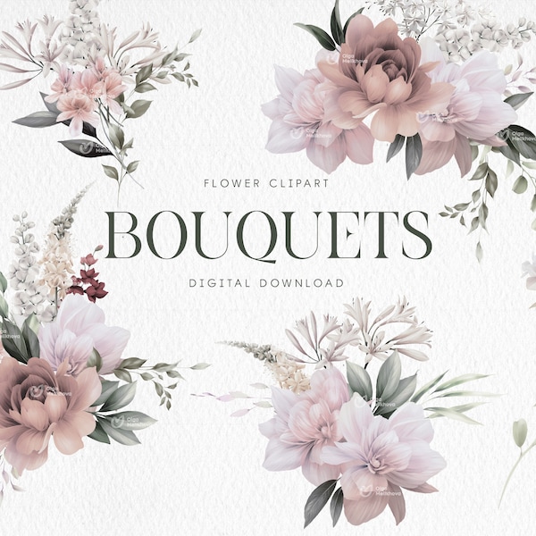 Bouquets de fleurs clipart, bouquets de pivoine png, aquarelle fleur Clipart, feuillage, conceptions de sublimation imprimables, clipart numérique PNG