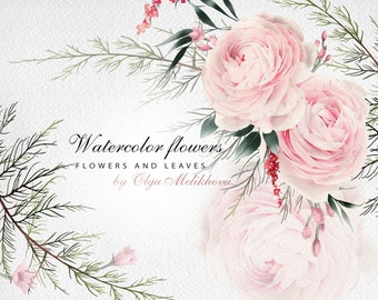 Watercolor pink flowers clipart, Floral bouquet, Digital floral set, Instant download