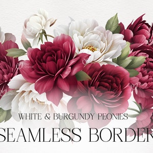 Burgunderrote Pfingstrosen Rahmen, weiße Blumen, Hochzeitseinladungskarte, digitale florale Clipart PNG, digitaler Download