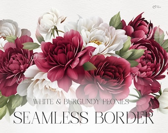 May include: A seamless border design featuring white and burgundy peonies. The flowers are arranged in a cluster, with the white peonies in the center and the burgundy peonies surrounding them. The design is perfect for adding a touch of elegance to any project.