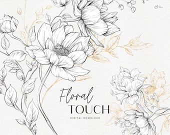 Fiori monocromatici, mazzo floreale, cornici per bordi, biglietti d'invito per matrimonio, bouquet, clipart floreali digitali PNG, clipart digitali PNG