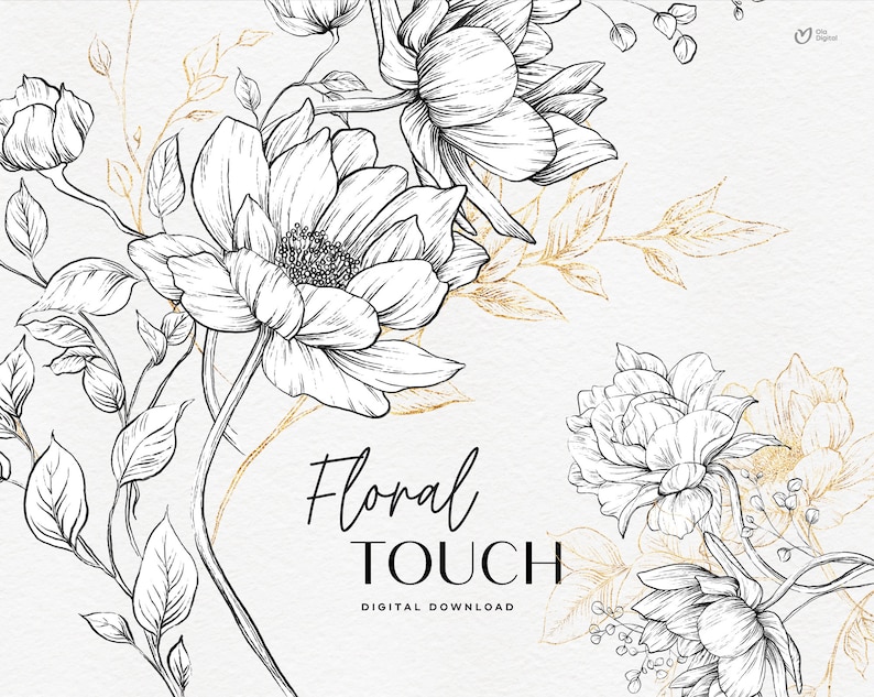 Peut inclure: Illustration en noir et blanc de fleurs en ligne avec des accents dor&eacute;s. Le texte "Floral Touch" et "T&eacute;l&eacute;chargement num&eacute;rique" est inclus dans l'image.