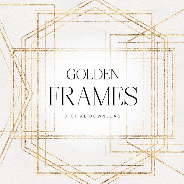 Golden frames, Border-frames, Wedding invite card, Gold border, Digital floral clipart PNG, Instant download