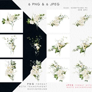 May include: Six digital illustrations of white flowers with green leaves. The images are available in PNG format with a transparent background and JPEG format with a white background. The images are 4200 x 4200 pixels and 300 DPI.
