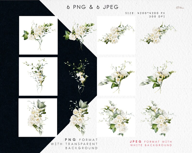 May include: Six digital illustrations of white flowers with green leaves. The images are available in PNG format with a transparent background and JPEG format with a white background. The images are 4200 x 4200 pixels and 300 DPI.
