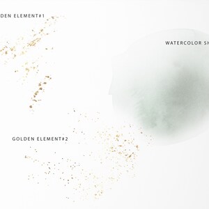 May include: A white background with a light green watercolor shape and two golden glitter elements. The text "WATERCOLOR SHAPE" is above the watercolor shape. The text "GOLDEN ELEMENT #1" is above the first golden glitter element. The text "GOLDEN ELEMENT #2" is below the second golden glitter element.