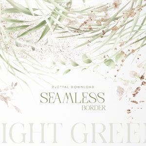 May include: A seamless border design featuring light green watercolor leaves and gold glitter accents. The design is perfect for adding a touch of nature to any project.