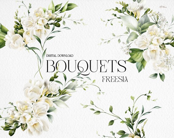 Floral bouquets clipart, Freesia bouquets png, Watercolor Flower Clipart, Foliage, Printable sublimation designs, Digital clipart PNG