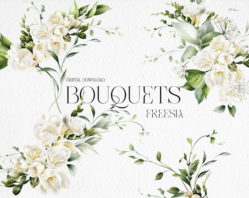 May include: Digital download of white freesia bouquets with green leaves. The text "BOUQUETS FREESIA" is displayed in the center of the image.