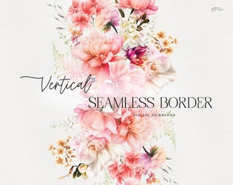 Floral vertical seamless border, Pink flowers, Wedding invite card, invitation clipart, Floral clipart PNG, Digital download