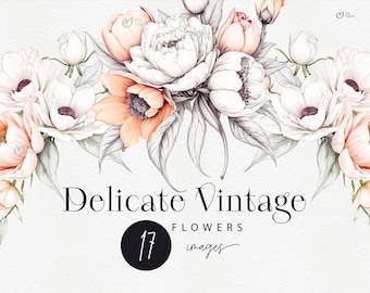 Floral Borders & Bouquets Clipart, Vintage Flowers Png, Line art flowers, Floral Clip Art, Wedding Frame, Invitations, Commercial Use
