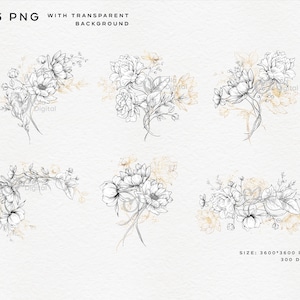 Peut inclure: Ensemble de six illustrations florales en noir et blanc avec des accents dor&eacute;s. Les illustrations repr&eacute;sentent des bouquets de fleurs avec des feuilles et des tiges. Les fleurs sont dessin&eacute;es dans un style r&eacute;aliste. Les illustrations sont parfaites pour ajouter une touche d'&eacute;l&eacute;gance &agrave; tout projet.