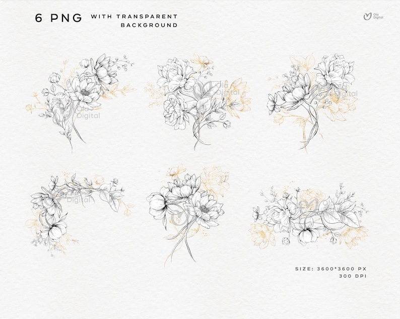 Peut inclure: Ensemble de six illustrations florales en noir et blanc avec des accents dor&eacute;s. Les illustrations repr&eacute;sentent des bouquets de fleurs avec des feuilles et des tiges. Les fleurs sont dessin&eacute;es dans un style r&eacute;aliste. Les illustrations sont parfaites pour ajouter une touche d'&eacute;l&eacute;gance &agrave; tout projet.