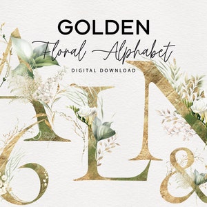 Buchstaben und Zahlen, goldenes Blumenalphabet, weiße Blumen und Grün, Hochzeit Clipart PNG