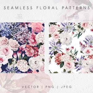 Op de afbeelding: Twee naadloze bloemenpatronen met aquarel illustraties van roze, witte en blauwe bloemen op een donkerblauwe en witte achtergrond. De patronen zijn 3000 x 3000 pixels groot en beschikbaar in EPS, PNG en JPEG formaten.