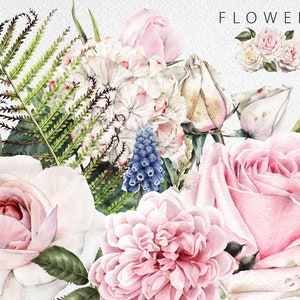 Ensemble floral aquarelle Clip Art PNG, Aquarelle roses, fougère, muscari, Bright Floral Aquarelle Digital Instant Download