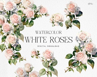 May include: Watercolor illustration of white roses with green leaves. The image has the text "WATERCOLOR WHITE ROSES DIGITAL DOWNLOAD".