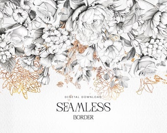 May include: A seamless border design featuring a black and white floral pattern with gold accents. The design includes roses, peonies, hydrangeas, and other flowers. The border is perfect for adding a touch of elegance to any project.