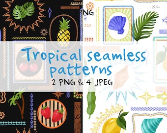 Tropical Fruit & Botanical Seamless Pattern Set PNG, Modern retro tropical patterns, Printable tropical background for crafts