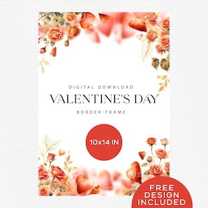 Cornice con bordo floreale ad acquerello per San Valentino, Cuori teneri, Invito per matrimonio 5 x 7 pollici, Clipart digitale PNG