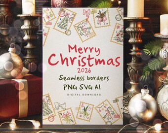 Christmas Postage Stamp Borders PNG SVG, Christmas Seamless border Digital Download, Invitation template, Retro Christmas, Trendy Png
