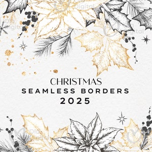Bordo senza soluzione di continuità di Natale, fiori di Poinsettia, biglietto d'invito di Capodanno, bordo monocromatico, Poinsettia dorata, download digitale png
