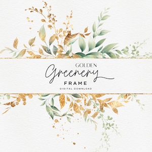 Marco floral, vegetación dorada, tarjeta de felicitación, flores de acuarela, clipart floral de boda png, descarga digital PNG