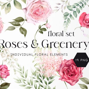 Roses & Greenery, Floral set, Individual floral elements, Pink flowers, Digital floral clipart PNG