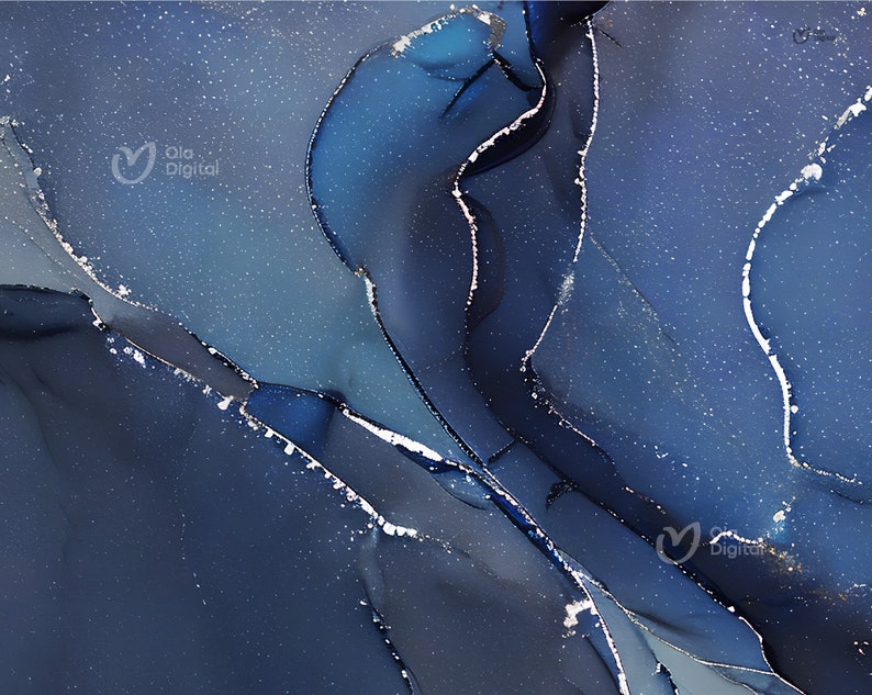 May include: Abstract art print with swirling blue and silver paint. The background is a dark blue with a subtle sparkle effect.