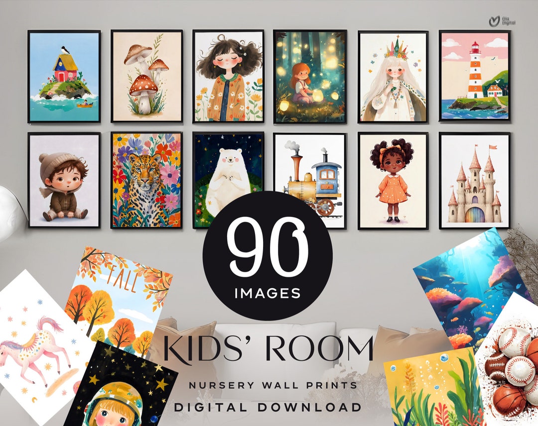 Kids Room Set of Nursery Prints, 90 Wall Art Prints, Colorful Decor ...