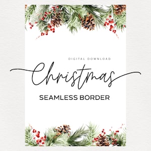 Bordo natalizio senza soluzione di continuità, rami di abete e bacche rosse Biglietto d'invito per Capodanno, vegetazione natalizia, PNG clipart digitale, download digitale
