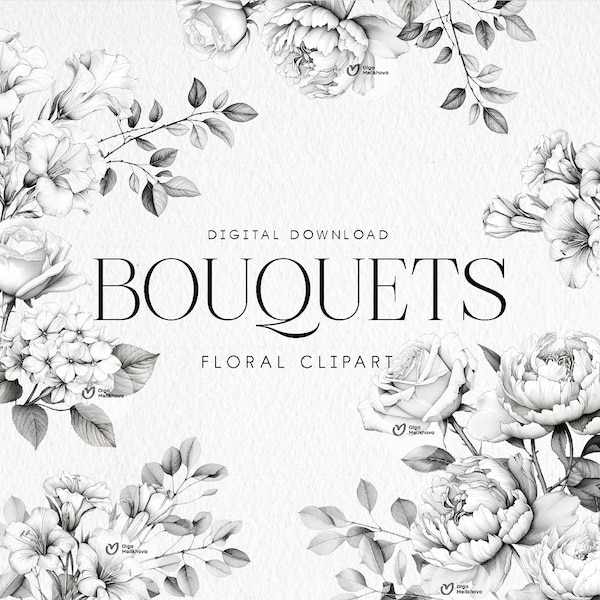 Floral bouquets clipart, Monochrome bouquets png, Botanical Flower Clipart, instant download for commercial use