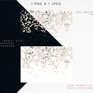 Pu&ograve; includere: Un'illustrazione digitale di fiori bianchi e rosa con glitter dorati su uno sfondo bianco. L'immagine &egrave; disponibile in due formati: PNG con sfondo trasparente e JPEG con sfondo bianco. L'immagine &egrave; di 6000 pixel per 4200 pixel e 300 DPI.