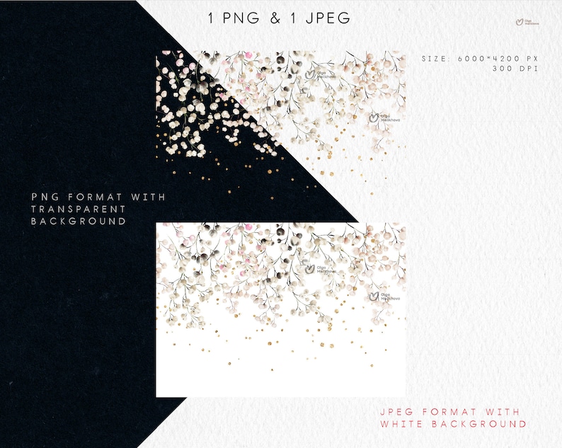 Pu&ograve; includere: Un'illustrazione digitale di fiori bianchi e rosa con glitter dorati su uno sfondo bianco. L'immagine &egrave; disponibile in due formati: PNG con sfondo trasparente e JPEG con sfondo bianco. L'immagine &egrave; di 6000 pixel per 4200 pixel e 300 DPI.