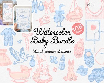 Watercolor Baby Bundle PNG, Baby Shower Frames, Hand Drawn Icons, Nursery, Newborn Baby Graphics, twins baby shower, baby girl, boy elements