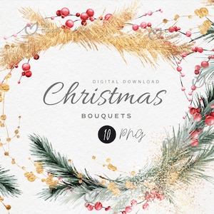 Arranjos de Natal, clipart de buquês de Natal dourados, arranjos de Ano Novo, download digital, frutas vermelhas de Natal, clipart floral PNG