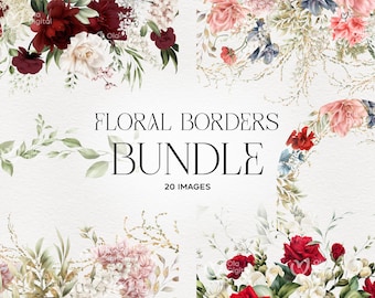 May include: A set of 20 floral border images featuring watercolor illustrations of red, pink, and white flowers with green leaves and gold accents. The text "Floral Borders Bundle 20 Images" is displayed in the center of the image.