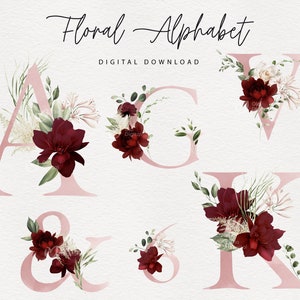 Letras y números, alfabeto floral burdeos, alfabeto rosa, clipart de boda PNG