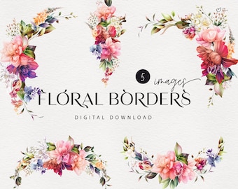 Op de afbeelding: Vijf aquarelbloemranden met roze, rode en paarse bloemen. De tekst "Floral Borders" en "Digital Download" is in de afbeelding opgenomen.