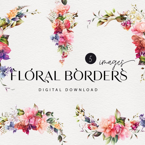 Floral borders, Border-frame, Colorful flowers, Bright flowers, Wedding frame, Digital floral clipart PNG, Digital download